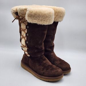 UGG AUSTRALIA UPSIDE Womens Size 7 Brown Suede Sheepskin Lace Up Boots 5163